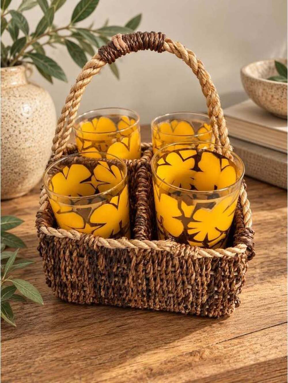 Vintage Libbey Golden Foliage Glass Set with Woven Caddy - Set of 4